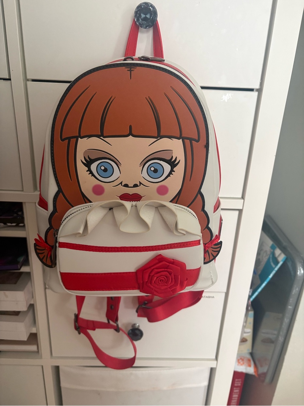 Loungefly White & Red Doll Face Kids Backpack with Rose Accent